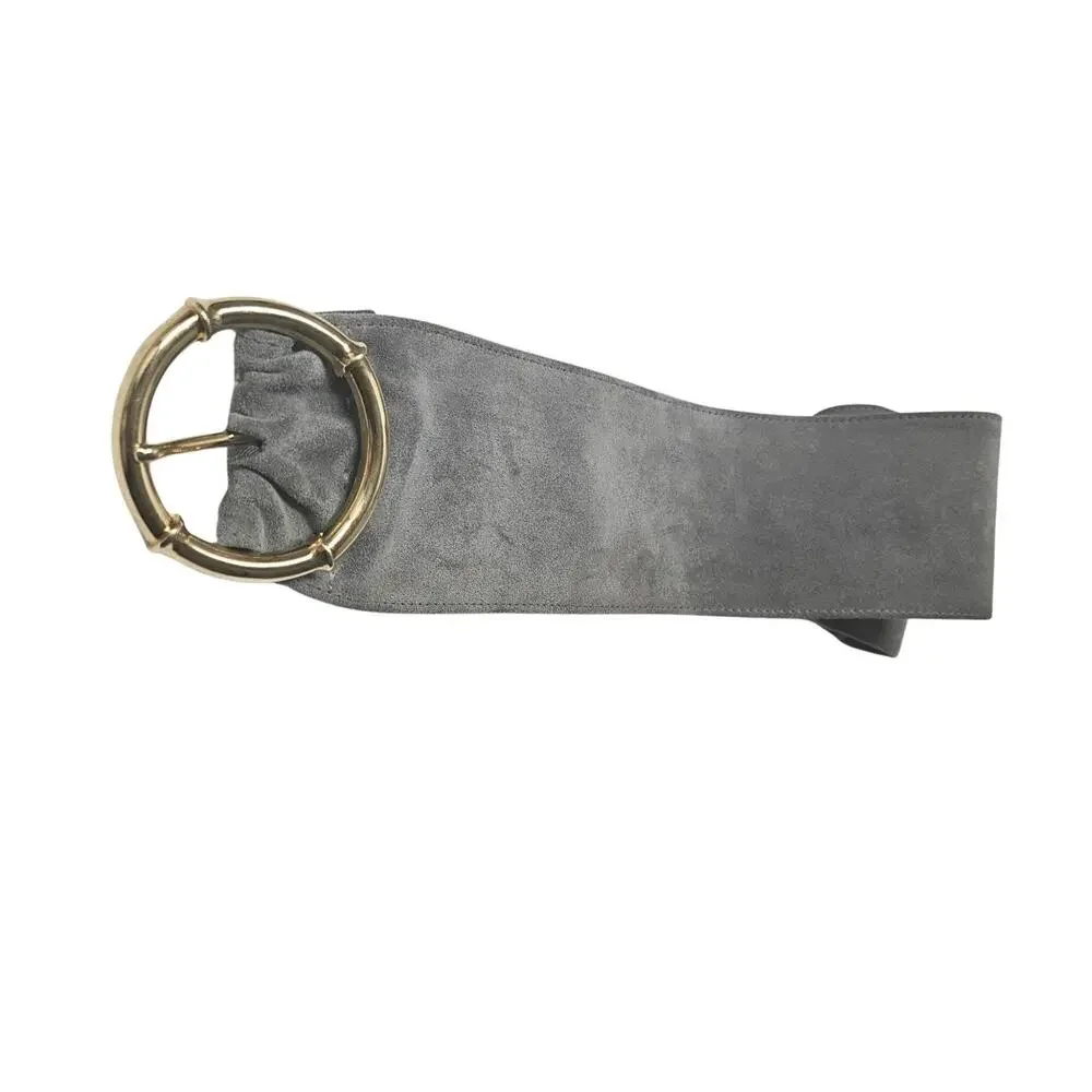 Avignon Genuine Leather Gray Suede Wide Cinching Belt Gold Pull Through Buckle